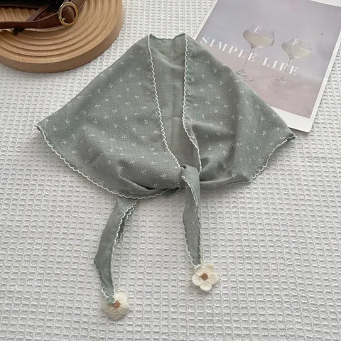 Women Casual Floral Triangle Scarf Cotton Blend Headband Retro Pastoral Style Neck Scarf With Knit Flower Pendant