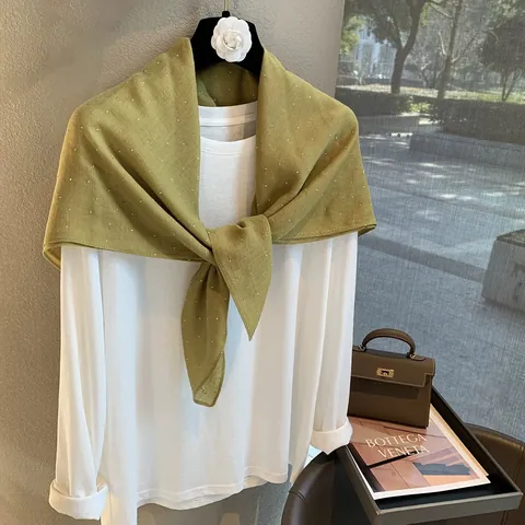 French Style Women Rhinestone Scarf Thin Cotton Linen Texture Polka Dot Shawl Wrap Elegant Solid Color Square Turban Scarf