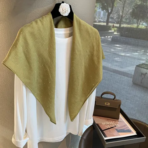 French Style Women Rhinestone Scarf Thin Cotton Linen Texture Polka Dot Shawl Wrap Elegant Solid Color Square Turban Scarf