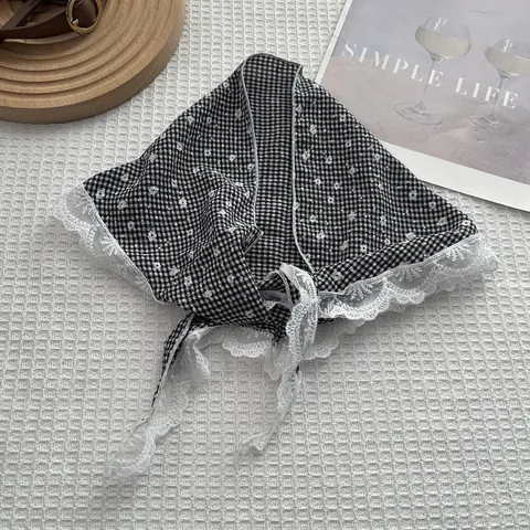 Foulard a Triangolo Vintage Floreale Gingham Con Bordo in Pizzo Misto Cotone Morbido Sciarpa per Capelli Donna Accessorio Pastorale
