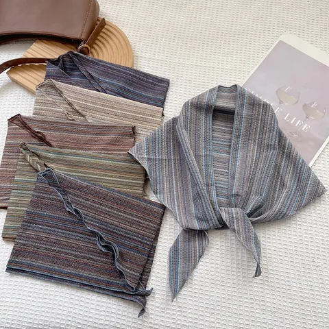 Women Retro Striped Linen Triangle Scarf Multipurpose Knitted Headscarf Vintage Decorative Neck Scarf Shawl For Daily Travel