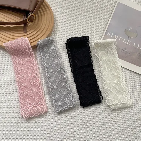 Bufanda de Cuello de Encaje de Algodón Bordado de Moda Coreana para Mujer Color Sólido Cinta de Borde Festoneado Lazo para el Cabello