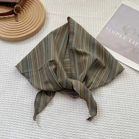 Women Retro Striped Linen Triangle Scarf Multipurpose Knitted Headscarf Vintage Decorative Neck Scarf Shawl For Daily Travel