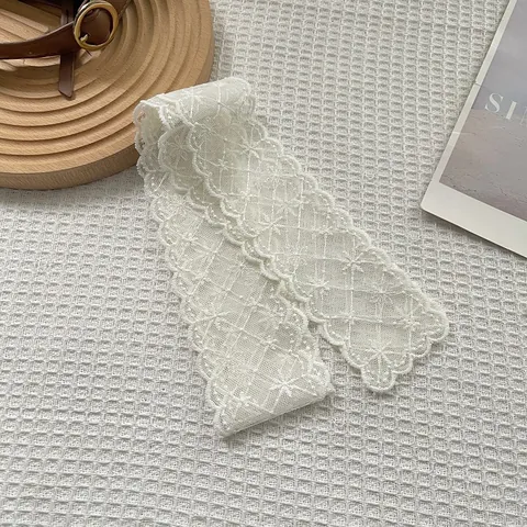 Bufanda de Cuello de Encaje de Algodón Bordado de Moda Coreana para Mujer Color Sólido Cinta de Borde Festoneado Lazo para el Cabello