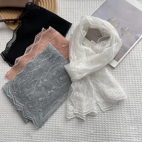 French Sweet Lace Floral Embroidery Scarf For Women Vintage Elegant Mesh Shawl Thin Neck Scarf Decorative Headscarf For Daily Party