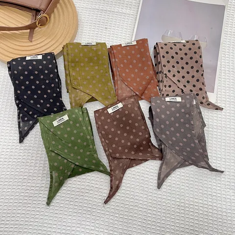 Vintage Polkadot Katoen Linnen Sjaal Voor Dames Retro Lang Lint Strikje Handgemaakte Label Haarband Tas Accessoire Hoofddoek