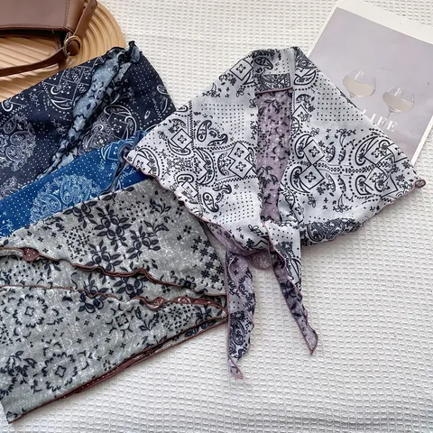 Sciarpa Triangolare Vintage Paisley Floreale per Donna Misto Cotone Leggera Foulard Bandana Bordo Ondulato Accessorio Collo