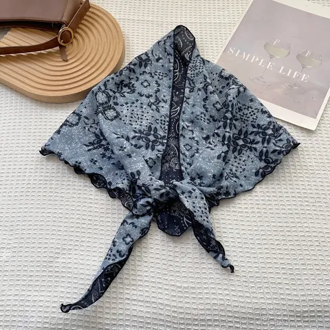 Sciarpa Triangolare Vintage Paisley Floreale per Donna Misto Cotone Leggera Foulard Bandana Bordo Ondulato Accessorio Collo