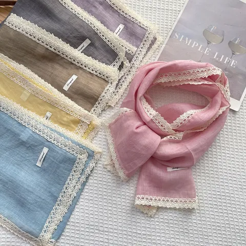 Bufanda de Algodón Vintage Para Mujer Con Ribete de Encaje Chal Fino Transpirable Color Sólido Parasol Para Verano Casual