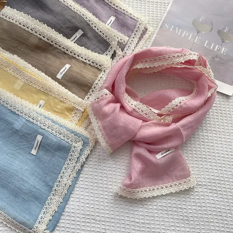 Bufanda de Algodón Vintage Para Mujer Con Ribete de Encaje Chal Fino Transpirable Color Sólido Parasol Para Verano Casual