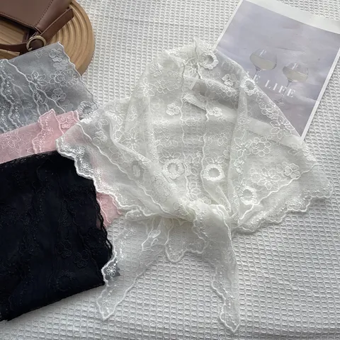 Women French Vintage Lace Triangular Scarf Floral Embroidery Mesh Headband Neck Scarf Elegant Hollow Out Shawl Accessory