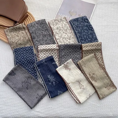 Vintage Floral Diamond Grid Long Silk Scarf Women Scalloped Edge Polyester Blend Neck Scarf Hair Tie Bag Accessory