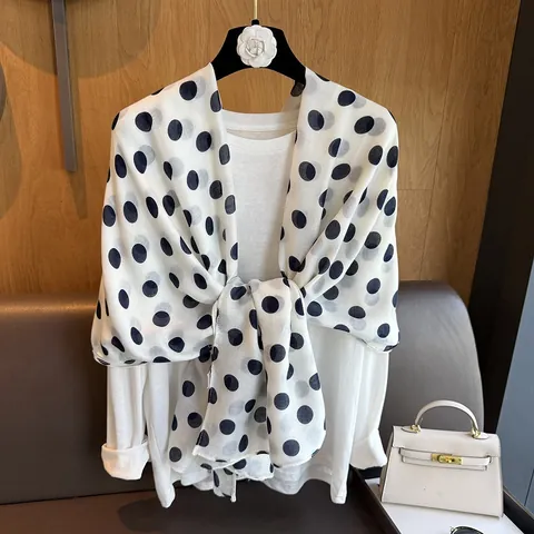French Vintage Polka Dot Scarf For Women Elegant Lightweight Chiffon Look Polyester Shawl Sun Protection Wraps Accessory
