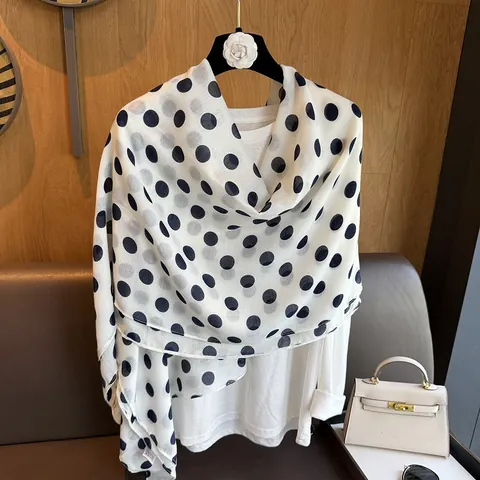 French Vintage Polka Dot Scarf For Women Elegant Lightweight Chiffon Look Polyester Shawl Sun Protection Wraps Accessory
