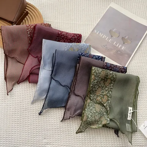 Γυναικείο Σατέν Μαντήλι με Ριγέ και Ανθικό Patchwork Στενό Ορθογώνιο Μαντήλι Λαιμού Διακοσμητική Κορδέλα Μαλλιών Μόδας