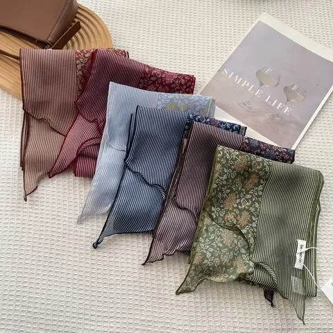 Γυναικείο Σατέν Μαντήλι με Ριγέ και Ανθικό Patchwork Στενό Ορθογώνιο Μαντήλι Λαιμού Διακοσμητική Κορδέλα Μαλλιών Μόδας