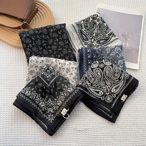 Natural Ramie Square Scarf For Women Men Paisley Floral Horse Pattern Vintage Bohemian Breathable Bandana Hair Accessory Headscarf