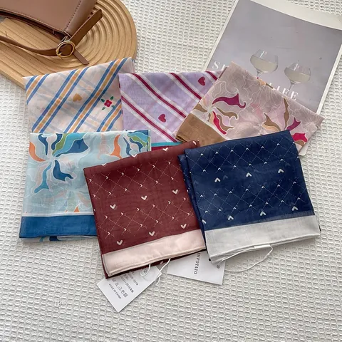 Vintage Literary Cotton Blend Square Scarf For Women Heart Stripe Floral Print Soft Head Neck Wrap Decorative Scarf Shawl