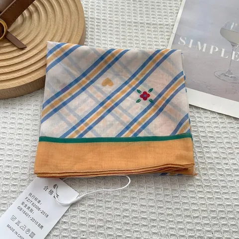 Vintage Literary Cotton Blend Square Scarf For Women Heart Stripe Floral Print Soft Head Neck Wrap Decorative Scarf Shawl