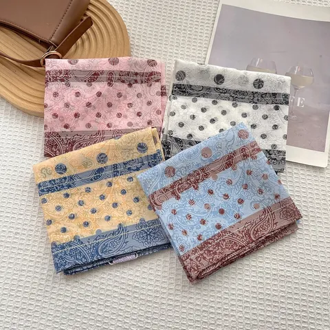 Women Vintage Paisley Polka Dot Print Square Scarf Lightweight Cotton Satin Finish Decorative Neck Wrap Head Scarf Hair Band