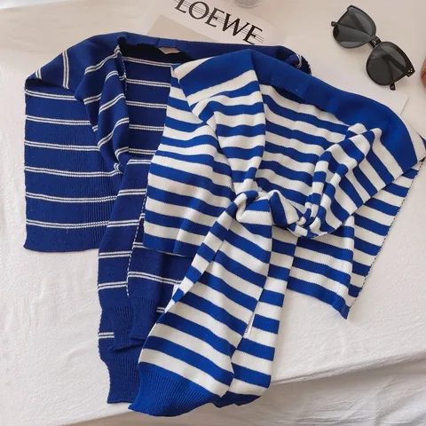 Women's Striped Wool Knitted Scarf Shawl Nautical Style Shoulder Wrap For Spring Autumn Fashion Thin Neck Protector Wrap