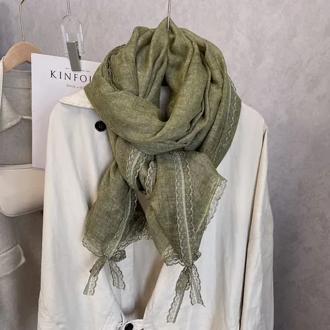 Women's Cotton Linen Blend Scarf With Floral Lace Trim Thin Sunscreen Shawl Elegant Solid Color Summer Beach Wrap Retro Scarf