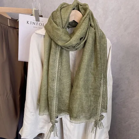 Women's Cotton Linen Blend Scarf With Floral Lace Trim Thin Sunscreen Shawl Elegant Solid Color Summer Beach Wrap Retro Scarf