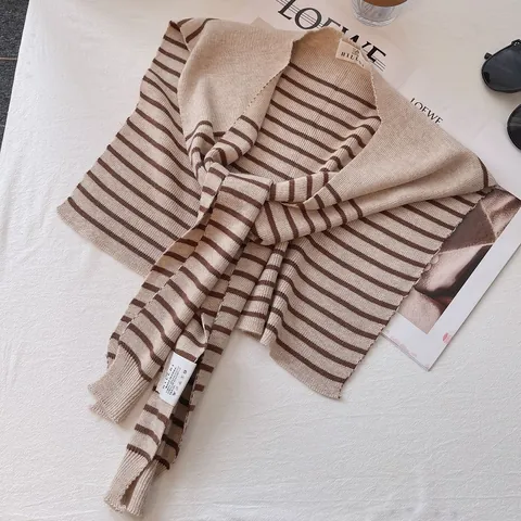 Striped Knitted Shawl Fake Collar Wrap Soft Knit Tie Front Decorative Scarf Daily Casual Minimalist Layering Style Lady
