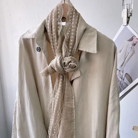Women Elegant Lace Mesh Scarf Lightweight Polka Dot Embroidery Shawl Sun Protection Scalloped Edge Polyester Scarf Wrap