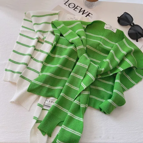Women Striped Knit Shawl Scarf Viscose Polyester Nylon Blend Thin Breathable Korean Style Fake Collar For Daily Matching
