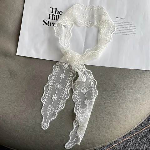 Women Elegant Lace Embroidery Floral Scarf Thin Long Hollow Out Necktie Versatile Hair Tie Neckerchief Sweet Decorative Scarf