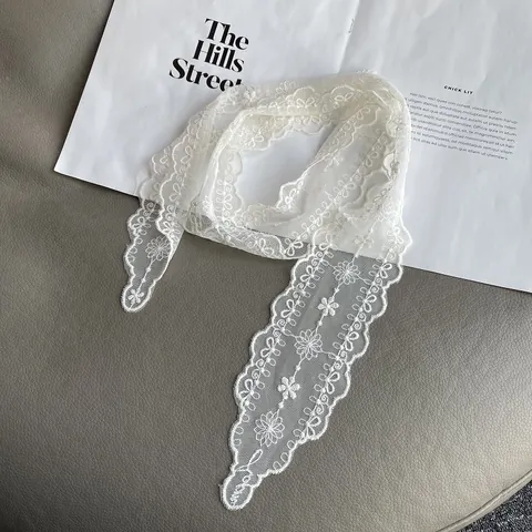 Women Elegant Lace Embroidery Floral Scarf Thin Long Hollow Out Necktie Versatile Hair Tie Neckerchief Sweet Decorative Scarf