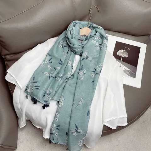 Écharpe Femme Vert Menthe Jasmin Floral Léger Fil de Bali Châle à Glands pour Vacances à la Plage Protection Solaire