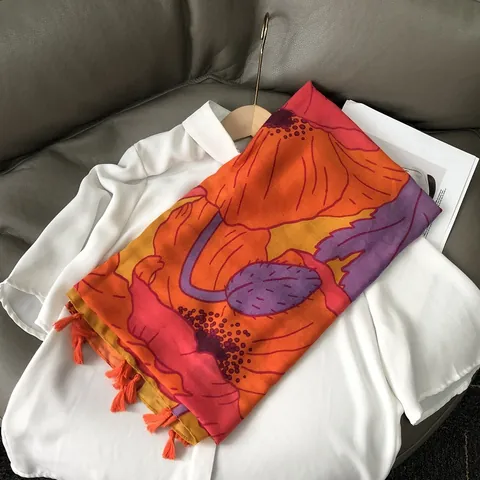Vintage Bohemian Floral Print Scarf For Women Polyester Satin Finish Shawl With Tassels Orange Poppy Pattern Long Wrap