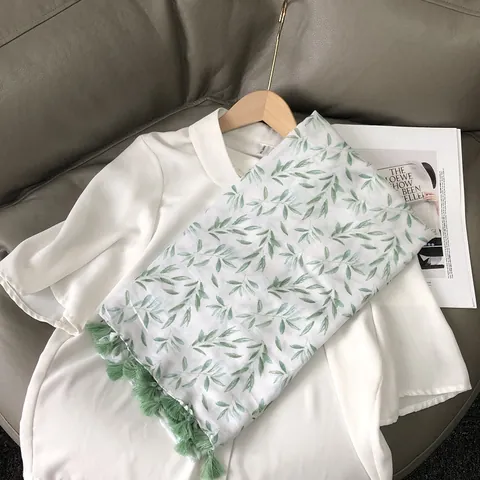 Damen Langer Schal Dünnes Schultertuch Grüner Blattdruck Polyester Sonnenschutz Wrap Mit Quasten Casual Strand Reise Zubehör