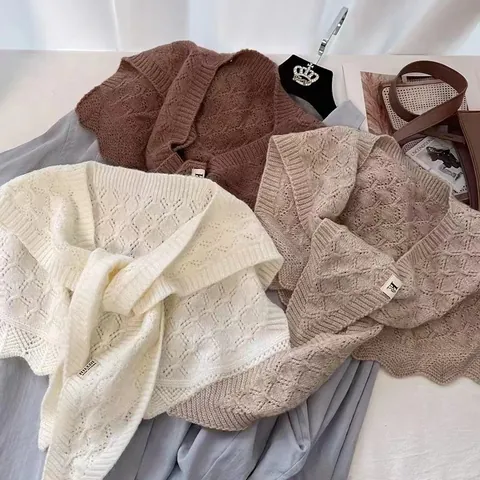 Women Knitted Shawl Hollow Out Crochet Fake Collar Decorative Solid Color Lace Up Scalloped Edge Neck Wrap Cape For Office Daily