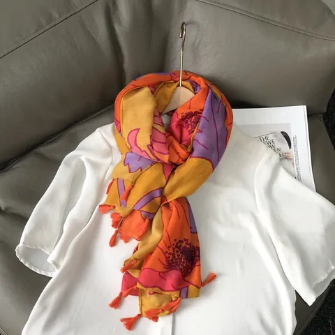 Vintage Bohemian Floral Print Scarf For Women Polyester Satin Finish Shawl With Tassels Orange Poppy Pattern Long Wrap