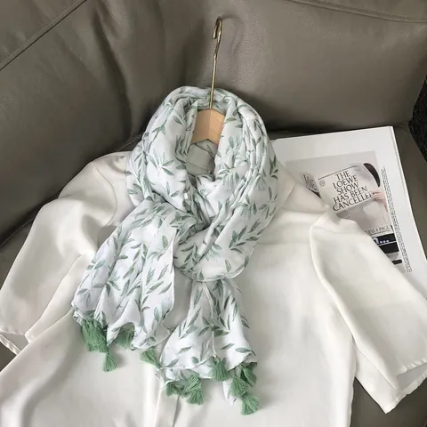 Damen Langer Schal Dünnes Schultertuch Grüner Blattdruck Polyester Sonnenschutz Wrap Mit Quasten Casual Strand Reise Zubehör