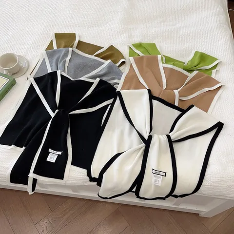 Französischer Stil Strickschal Bolero Für Damen Kontrastbesatz V-Ausschnitt Bindedesign Dekorativer Falscher Kragen Frühlingswickel
