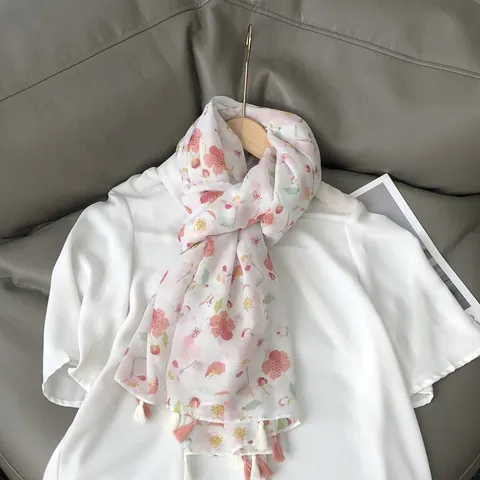 Chal Bufanda de Moda para Mujer Con Estampado de Flor de Cerezo y Borlas Protección Solar Ligera para Playa y Viajes