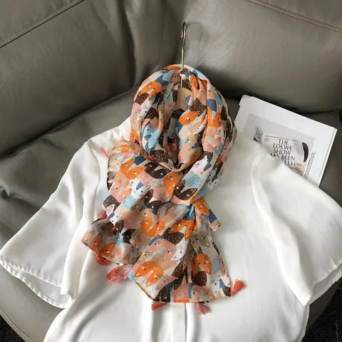 Bufanda Con Estampado De Gato De Dibujos Animados Para Mujer Con Borlas Chal De Poliéster Ligero Y Transpirabile Para Verano Diario Viaje