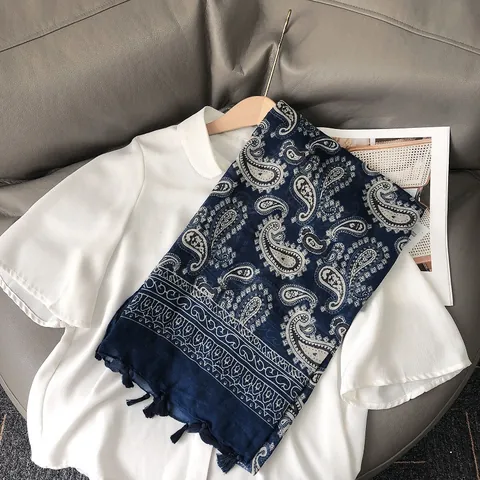 Sciarpa Vintage Con Stampa Paisley per Donna Leggera Misto Lana Poliestere Con Nappine Stola Wrap Blu Marino Sciarpa Lunga
