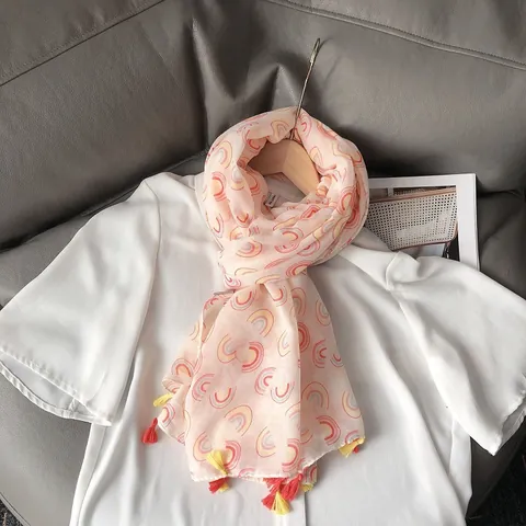 Écharpe Femme Imprimé Géométrique Arc-en-Ciel Mince Respirante Mélange Coton Polyester Châle Protection Solaire Avec Glands Rose Voyage