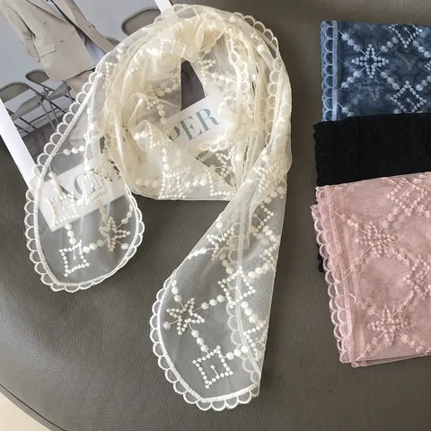 Zoete Kant Borduurwerk Sjaal Voor Vrouwen Vintage Bloemen Ster Patroon Geschulpte Rand Mesh Halstuitje Haarband Accessoires