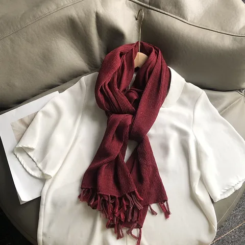 Dames Gekreukte Katoen Linnen Mix Sjaal Elegant Effen Kleur Kwastje Sjaal Zacht Lichtgewicht Ademend Vintage Pashmina Sjaal