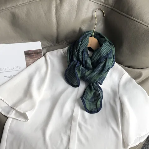 Japanese Literary Plaid Cotton Blend Scarf For Women Vintage Gingham Triangle Bandana Thin Breathable Neck Scarf For Summer