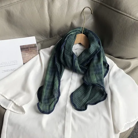 Japanese Literary Plaid Cotton Blend Scarf For Women Vintage Gingham Triangle Bandana Thin Breathable Neck Scarf For Summer