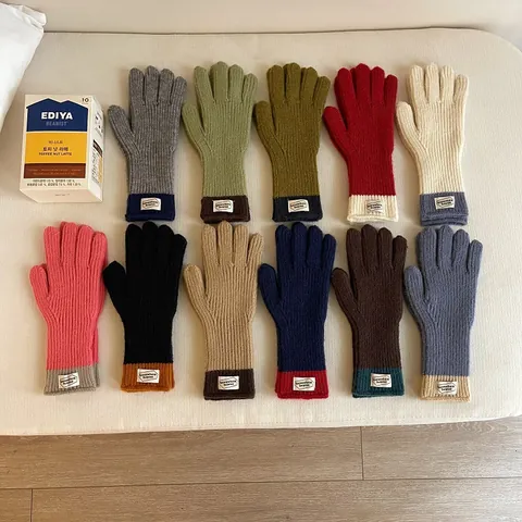 Women Winter Warm Knitted Acrylic Gloves Contrast Color Ribbed Cuff Thermal Touchscreen Full Finger Outdoor Accessories