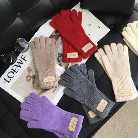 Damen Winter Warm Gestrickte Wolle Kaninchenhaar Mischung Handschuhe Weich Plüsch Einfarbig Vollfingerhandschuhe Mit Lederetikett