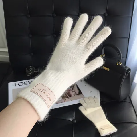 Damen Winter Warm Gestrickte Wolle Kaninchenhaar Mischung Handschuhe Weich Plüsch Einfarbig Vollfingerhandschuhe Mit Lederetikett